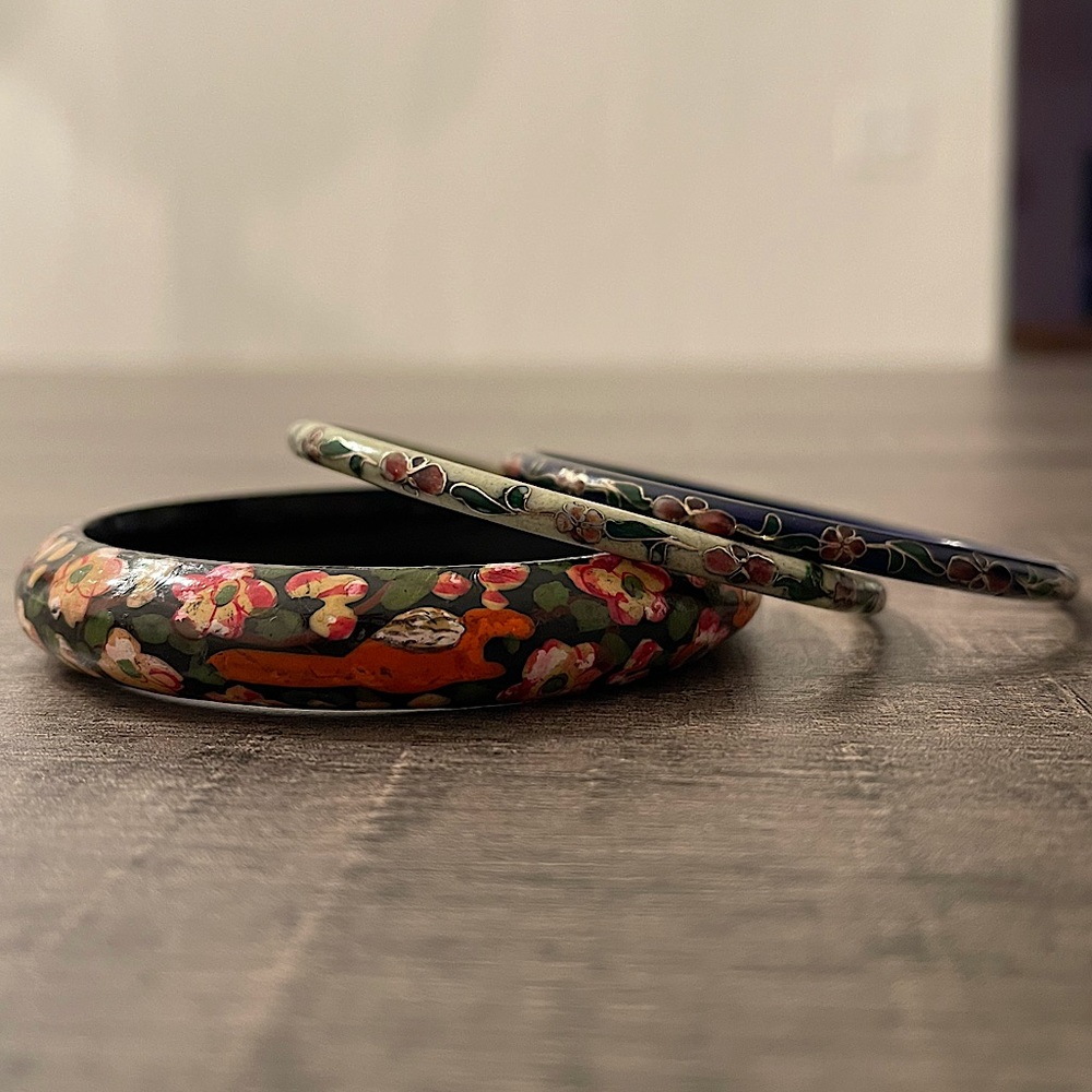 Italian Handmade/Hand Painted Ceramic & Wood Bangle Bracelet Set